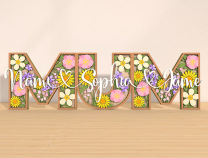 Personalized MOM Floral Name Laser Cut File | Custom Mother’s Day Decor | Layered Botanical Letters | Glowforge, xTool, LightBurn Compatible