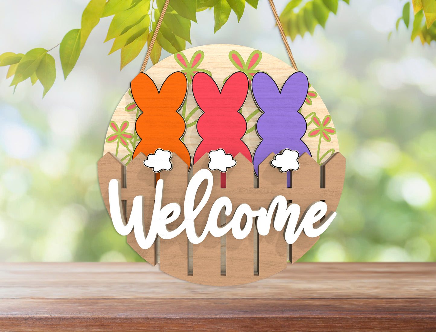 Easter Bunny Welcome Door Hanger SVG Layered Round 3 Designs for Glowforge