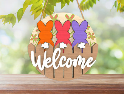 Easter Bunny Welcome Door Hanger SVG Layered Round 3 Designs for Glowforge