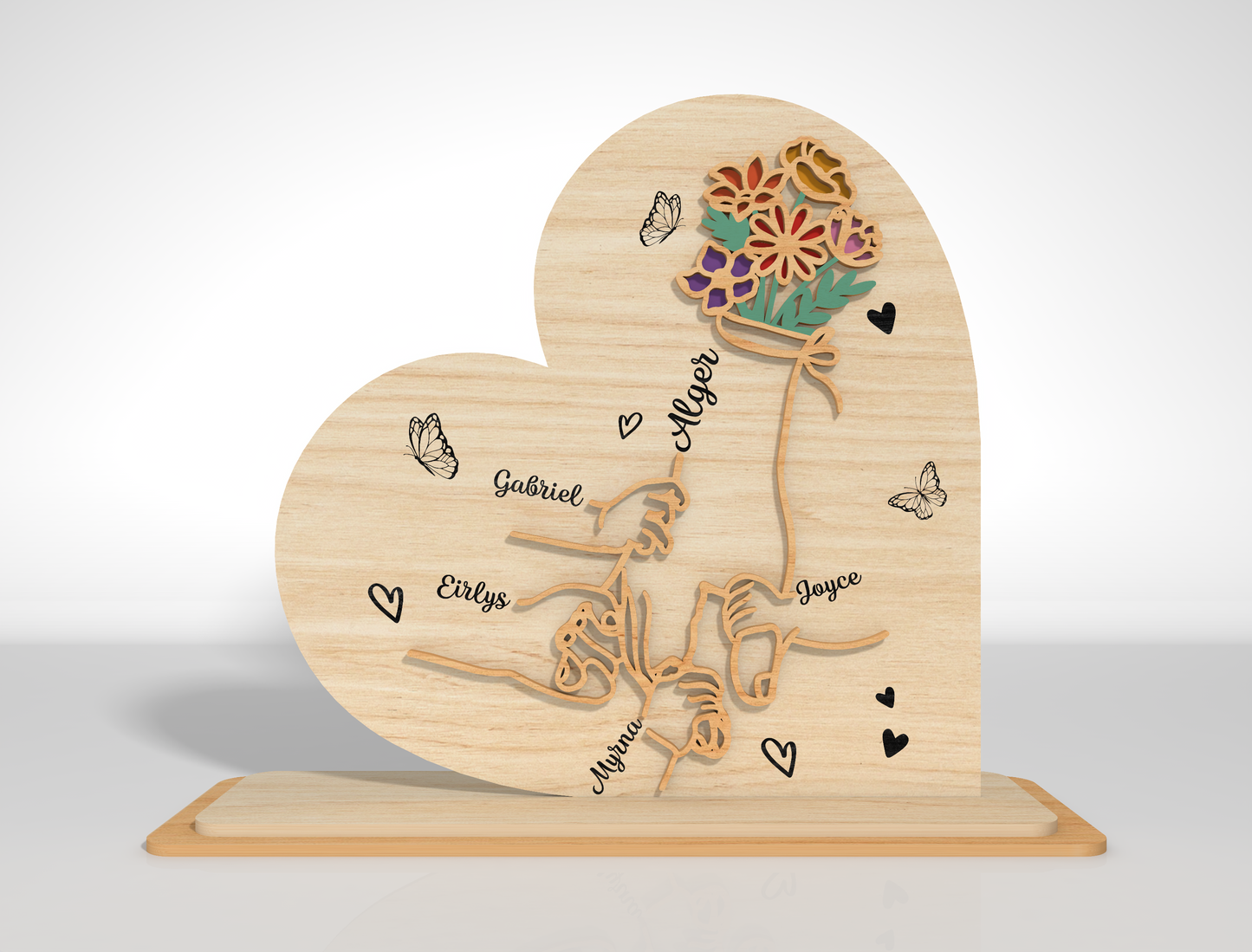 Heart Shaped Mom Kids Name Sign SVG Personalized Laser Cut File for xTool and LightBurn