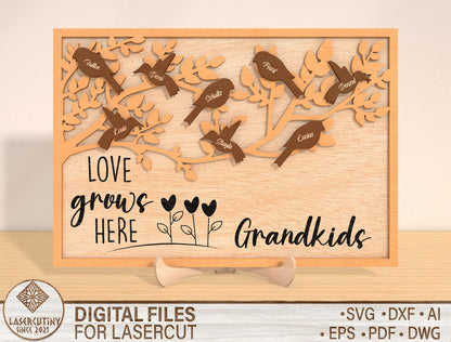 Bird Family Frame SVG Personalized Grandma Gift Laser Cut File for Glowforge and LightBurn