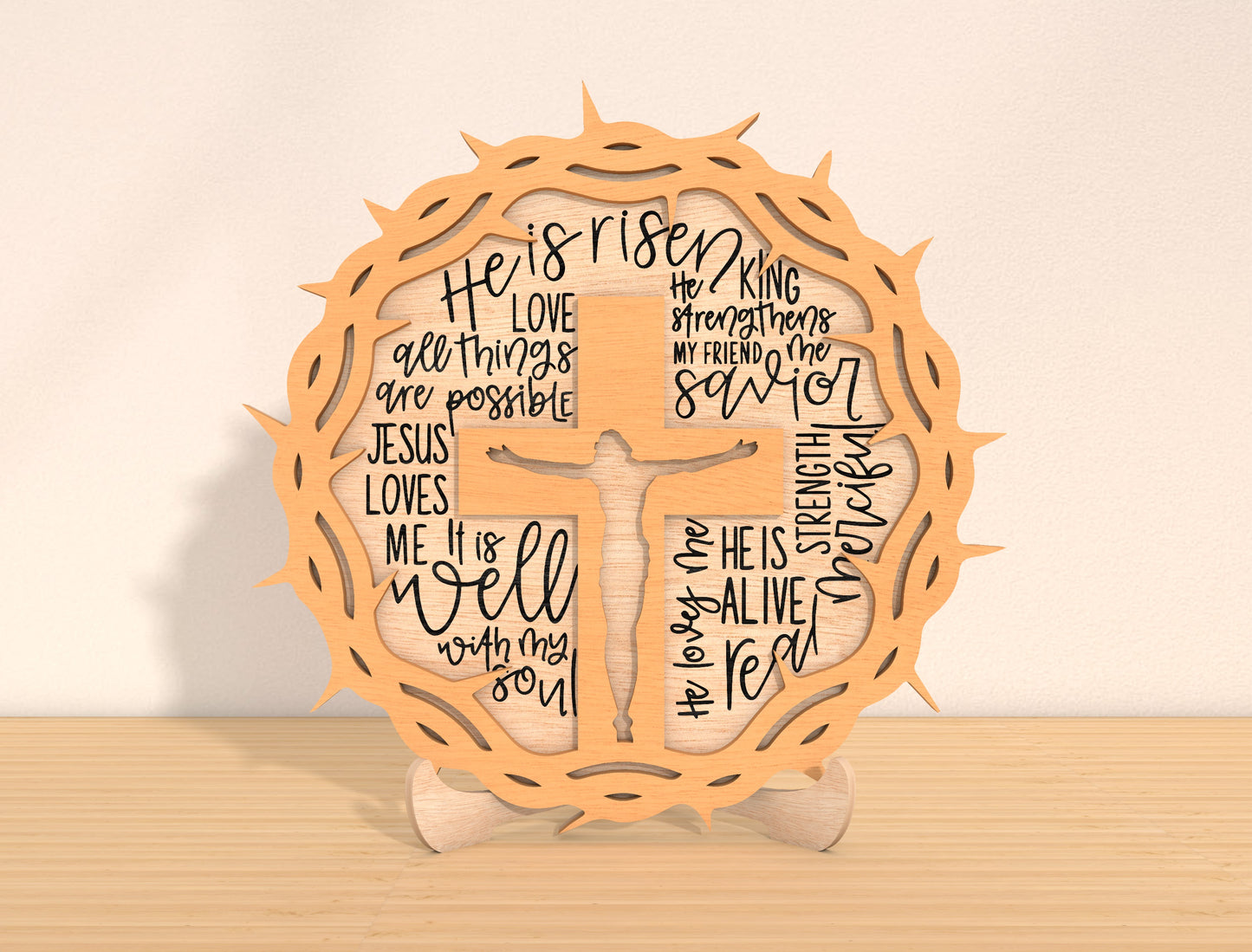 Easter Christian Cross Laser Cut File | He Is Risen Scripture Sign SVG | Wooden Religious Easter Table Decor | Glowforge, xTool, LightBurn, etc.