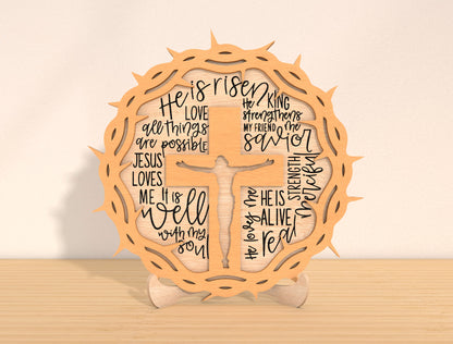 Easter Christian Cross Laser Cut File | He Is Risen Scripture Sign SVG | Wooden Religious Easter Table Decor | Glowforge, xTool, LightBurn, etc.