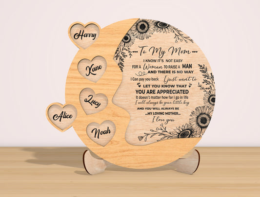 Personalized Mom Heart Sign SVG Sunflower Laser Cut File for LightBurn and xTool
