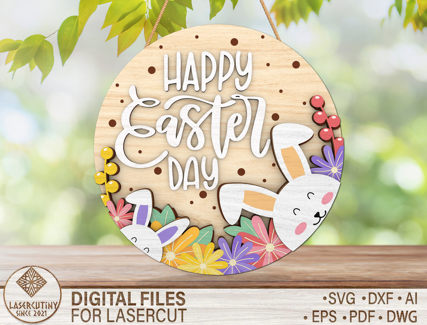 Cute Bunny Floral Round Sign SVG Easter Decor for Glowforge and xTool