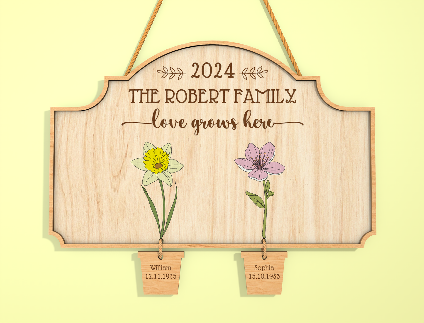 Custom Name Birth Flower Hanging Tag Sign SVG for LightBurn