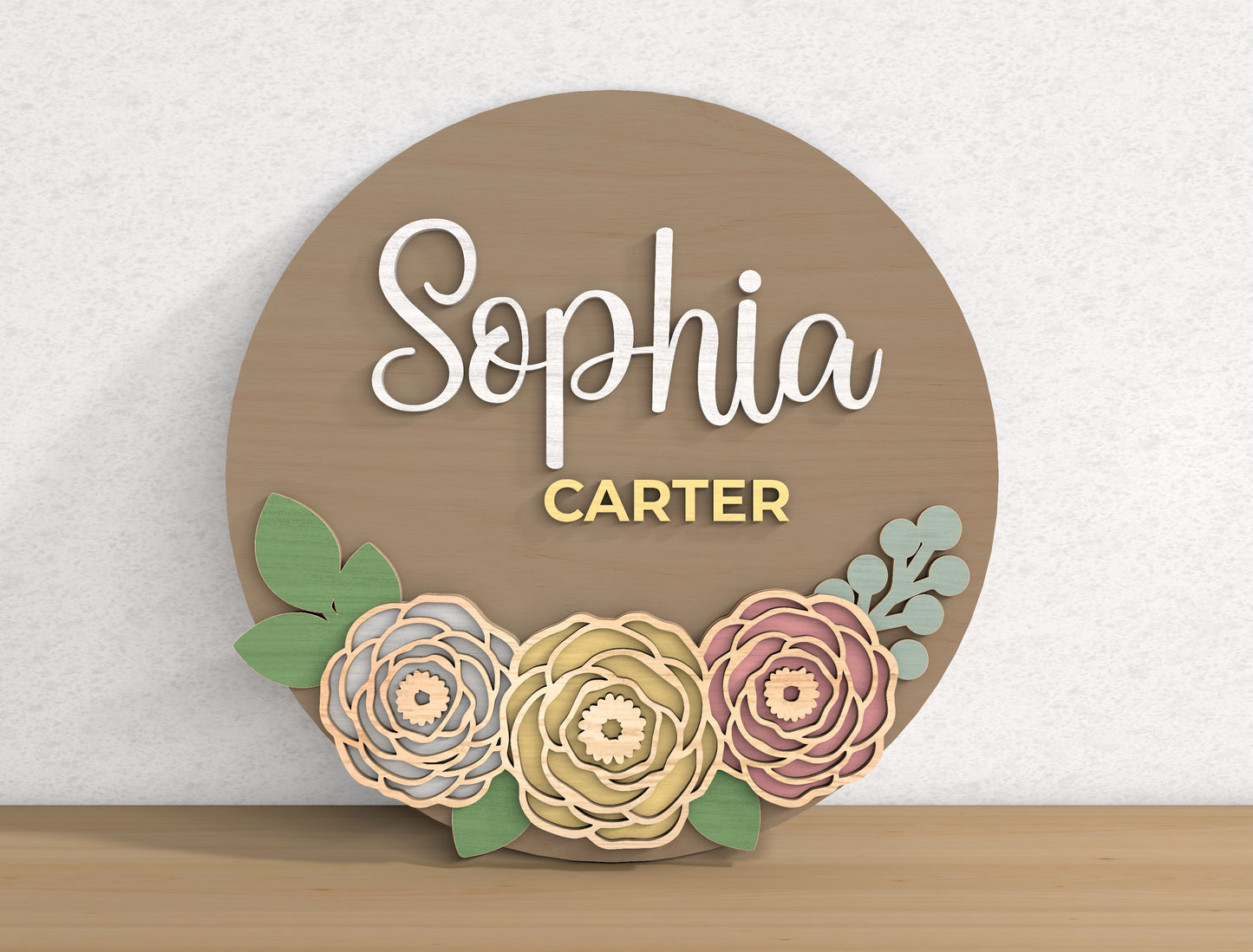 Personalized Floral Name Door Hanger SVG Custom Flower Round Sign Laser Cut File for Glowforge and xTool