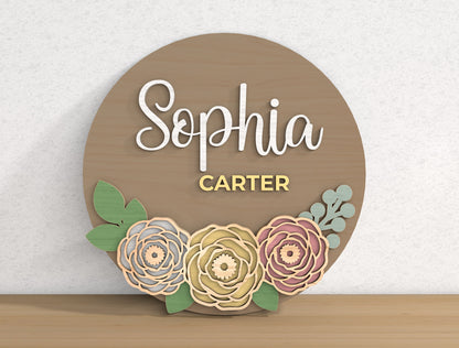 Personalized Floral Name Door Hanger SVG Custom Flower Round Sign Laser Cut File for Glowforge and xTool
