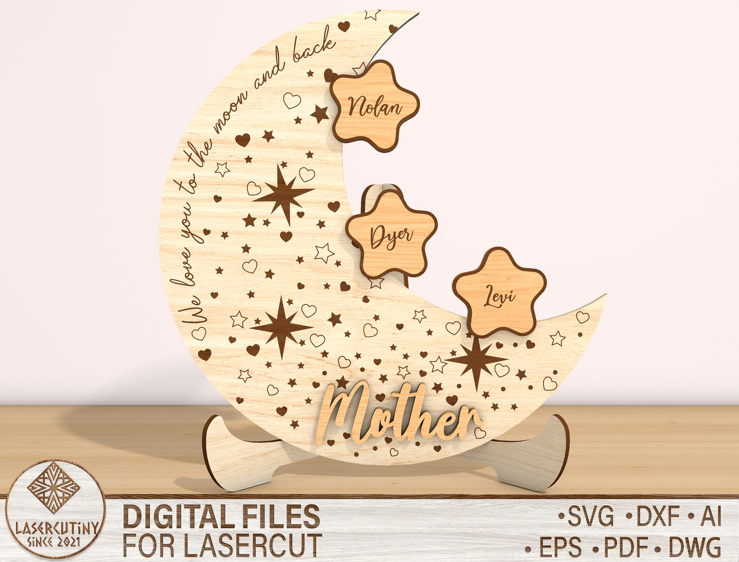 Mom Moon Stars Personalized Kids Name Sign SVG for Glowforge and xTool