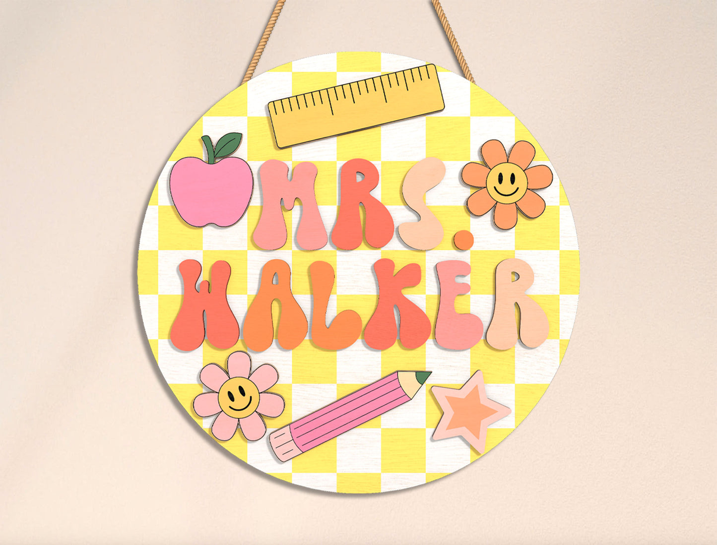 Personalized Gingham Classroom Door Sign SVG Laser Cut File for xTool