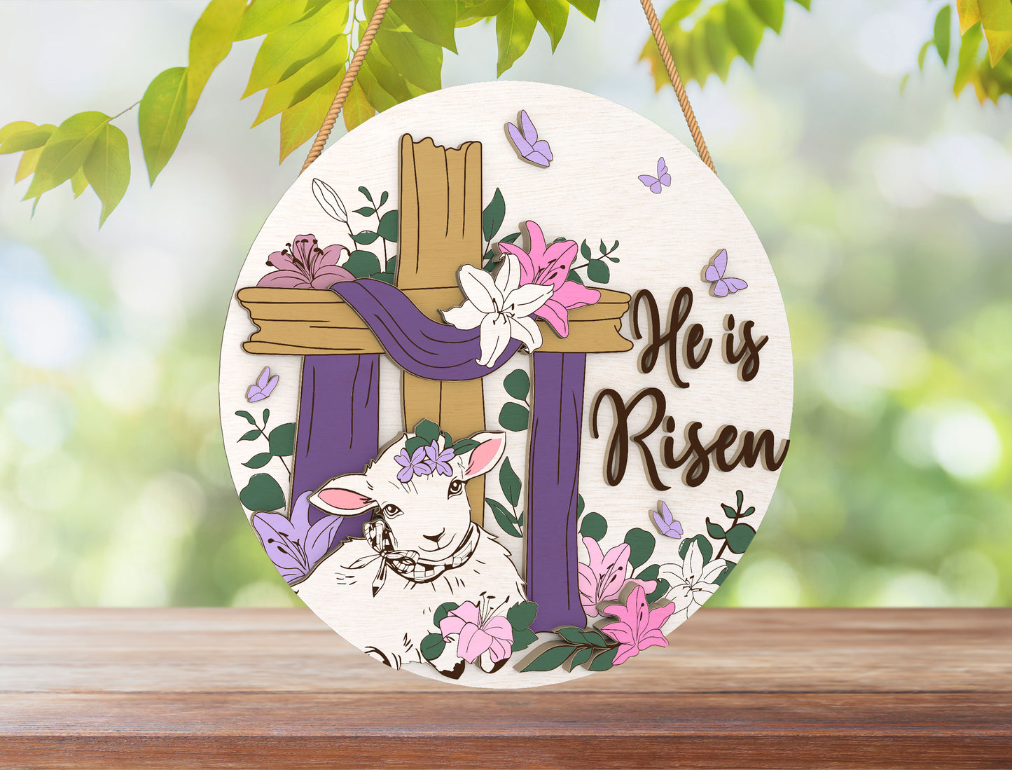He Is Risen Cross Lamb Easter Door Hanger SVG for LightBurn and Glowforge