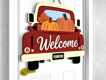 Welcome Pumpkin Truck and Pumpkin Spice Season Door Hanger SVG Set for Glowforge xTool LightBurn 2 Designs