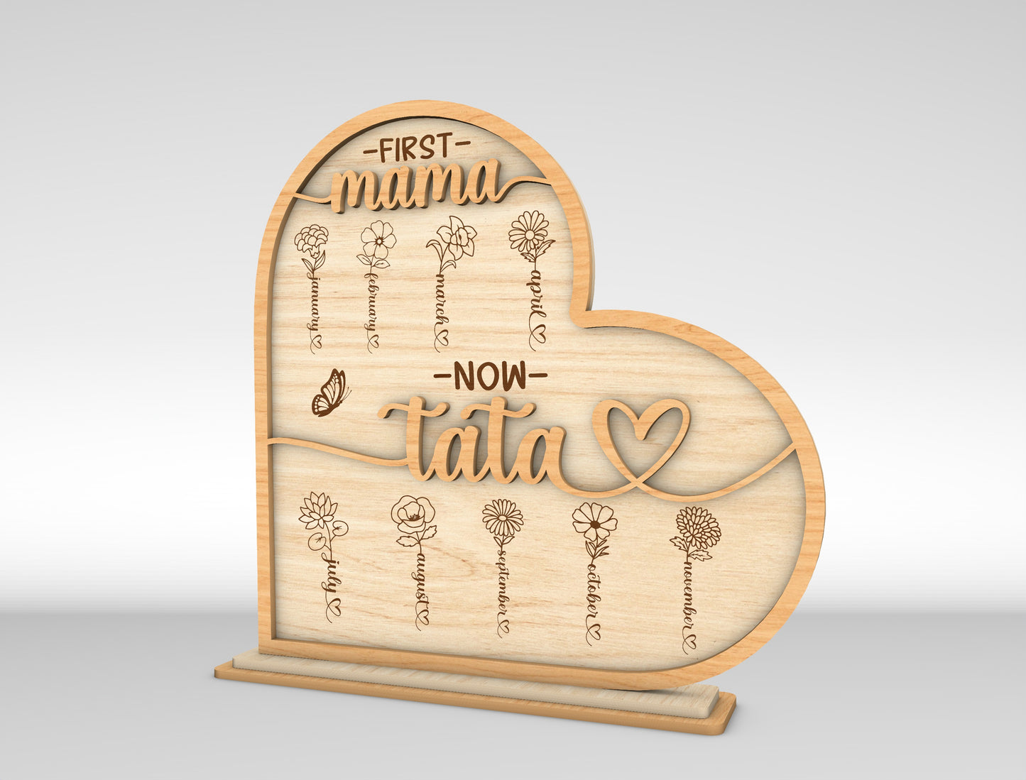 First Mama Now Tata Mimi Birth Flower Sign SVG Laser Cut File for LightBurn and xTool
