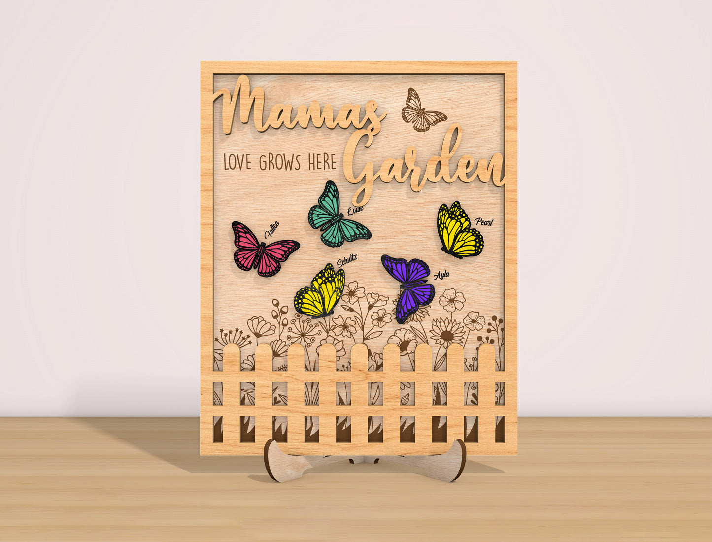 Mama’s Garden Butterfly Sign Laser Cut File | Mother’s Day Decor | Floral Wooden Style | Glowforge, xTool, LightBurn, etc.