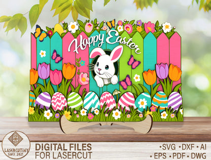 Happy Easter Bunny Tabletop Sign SVG 5 Layer Fence Scene for Glowforge
