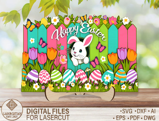 Happy Easter Bunny Tabletop Sign SVG 5 Layer Fence Scene for Glowforge