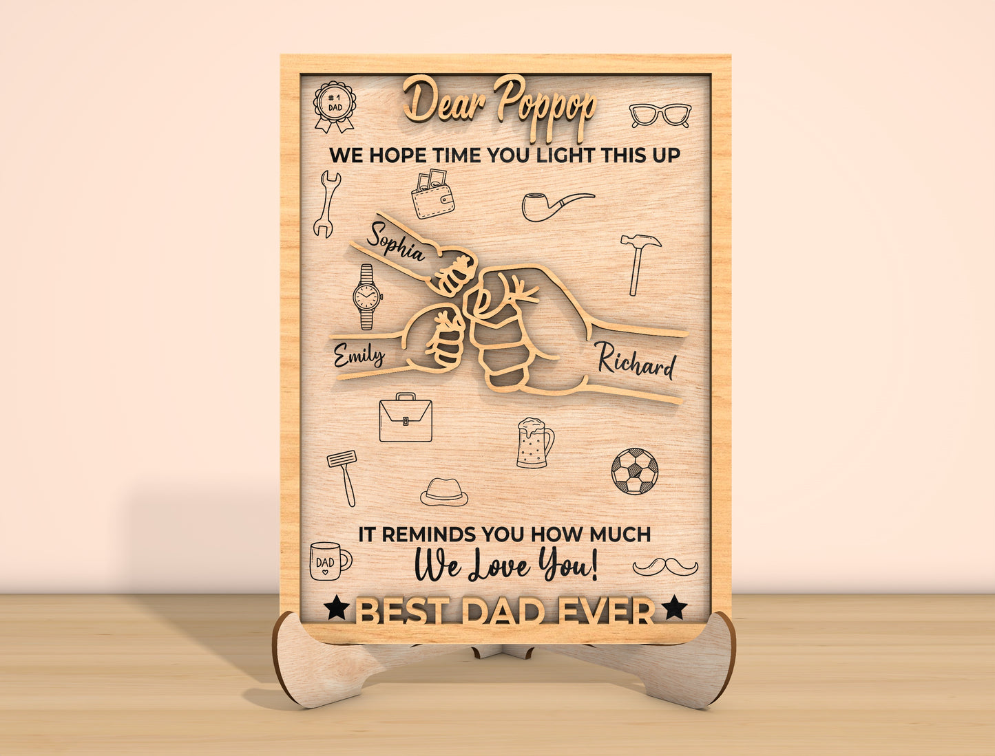 Dear Dad Fist Bump Laser Cut File | Father’s Day Family Hands Sign | Heartfelt Wooden Decor | Glowforge, xTool, LightBurn, etc.