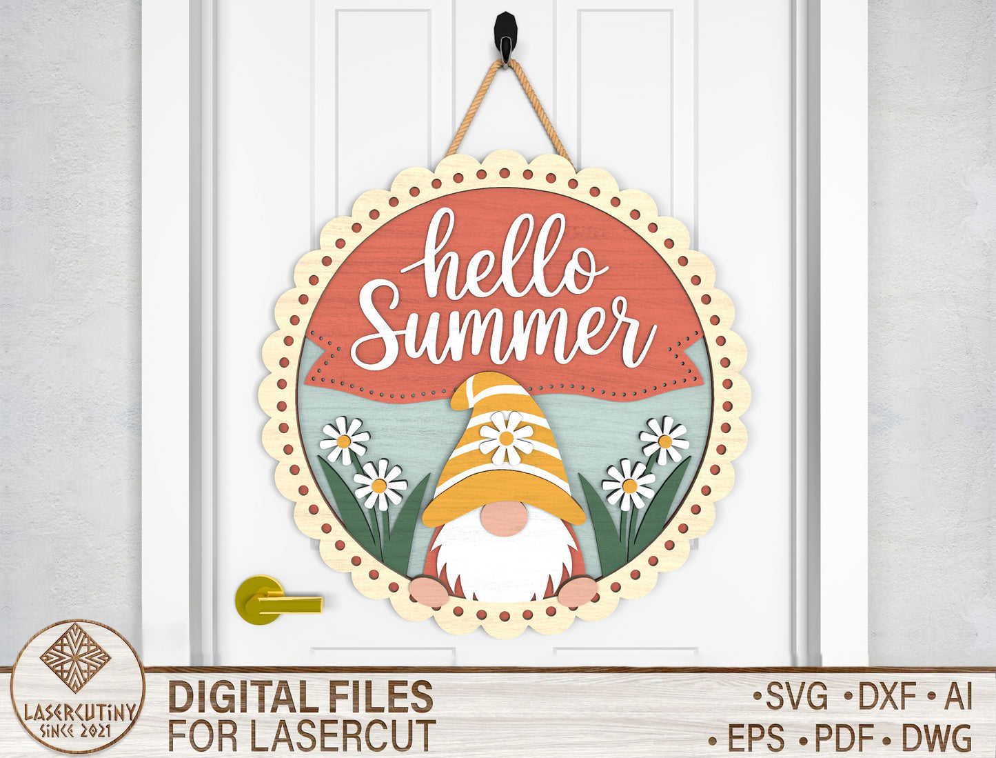 Hello Summer Gnome Daisy Flowers Door Sign SVG for Glowforge
