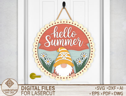 Hello Summer Gnome Daisy Flowers Door Sign SVG for Glowforge