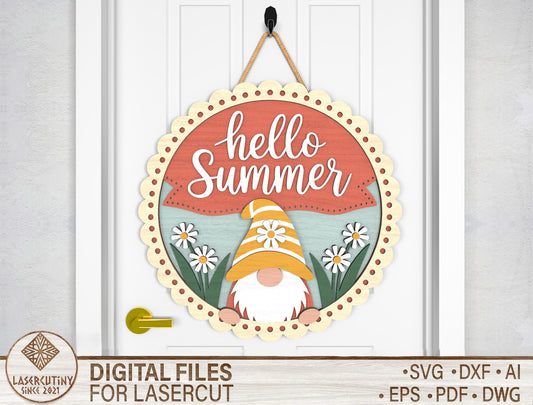 Hello Summer Gnome Daisy Flowers Door Sign SVG for Glowforge