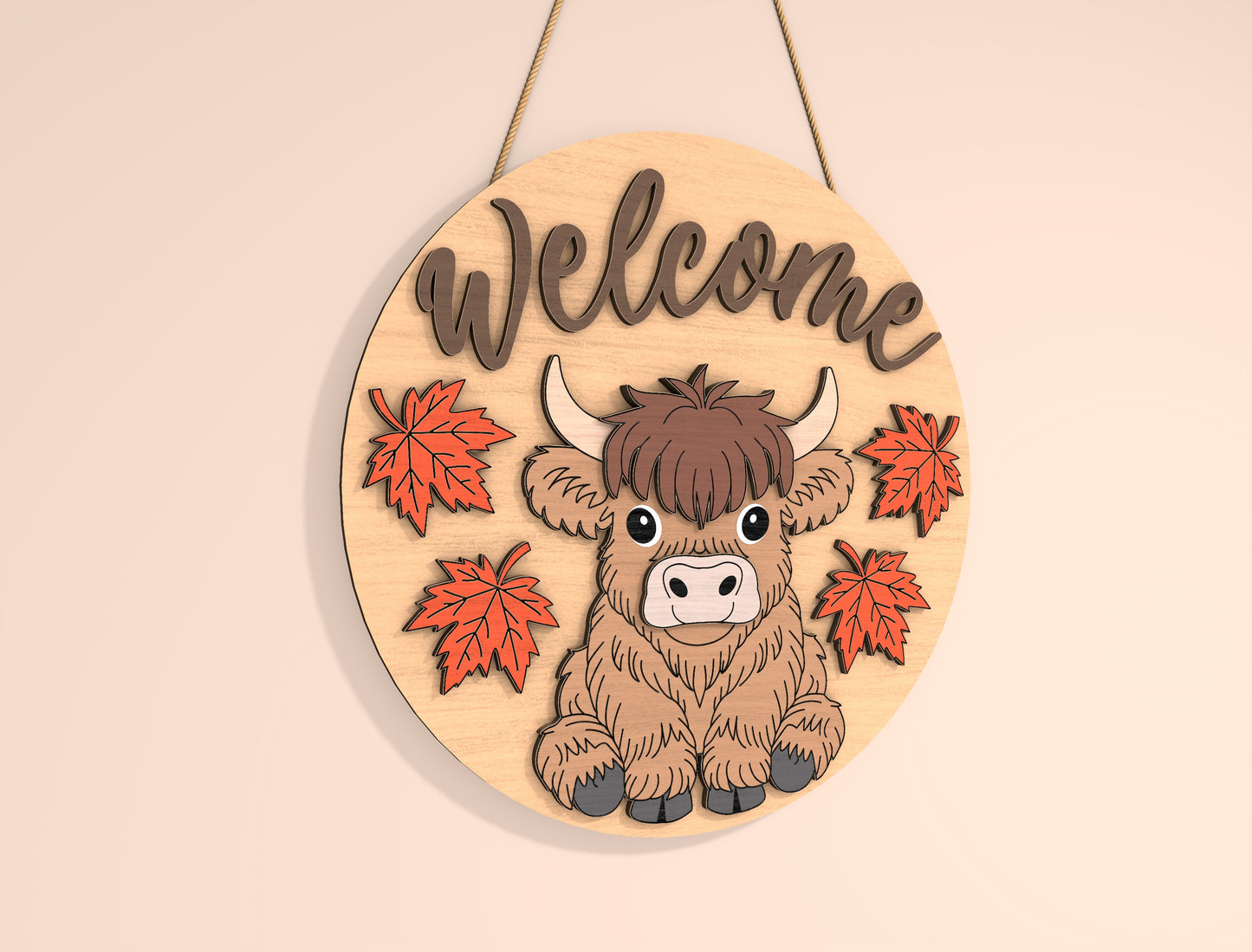 Highland Cow Hello Fall Door Hanger SVG Set for Glowforge xTool LightBurn | 2 Designs