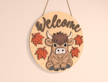 Highland Cow Hello Fall Door Hanger SVG Set for Glowforge xTool LightBurn | 2 Designs