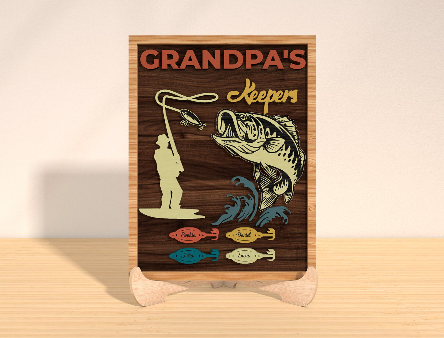 Daddy’s Fish Keepers Sign SVG Bundle Laser Cut File | Personalized Fishing Family Decor | Wooden Tabletop Sign | Glowforge, xTool, LightBurn, etc.