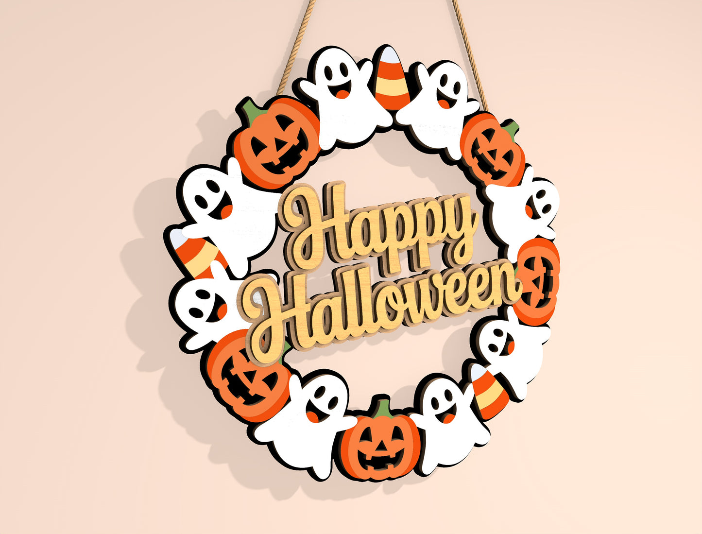 Happy Halloween Ghost Wreath SVG Laser Cut File for xTool and Glowforge