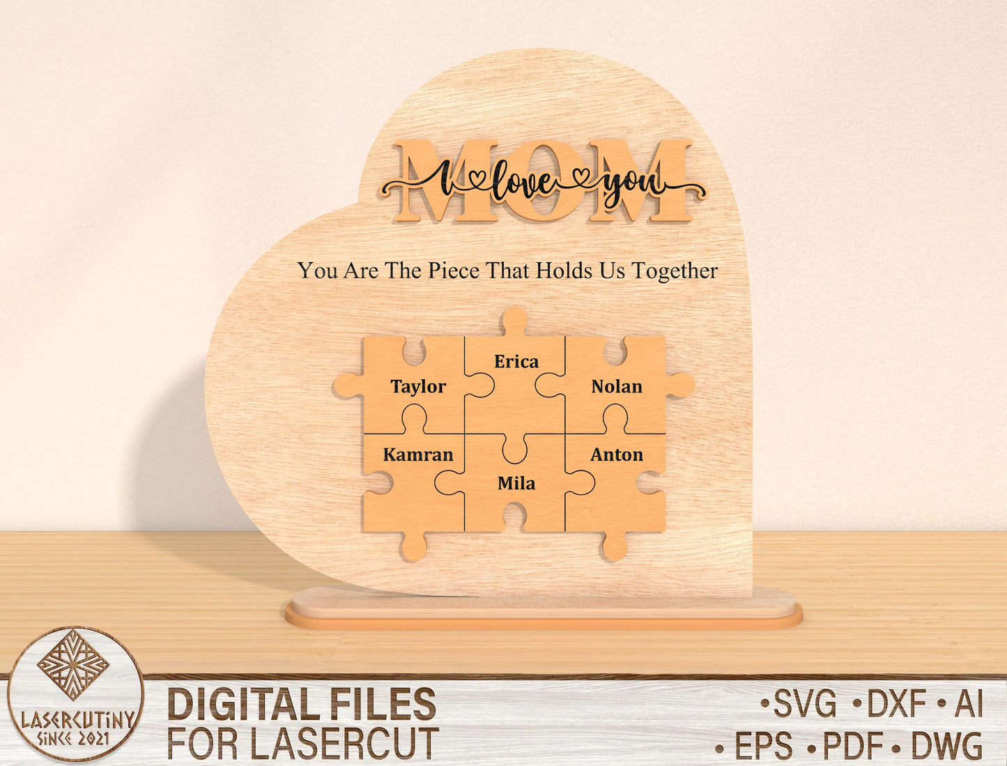 Mom Puzzle Family Sign SVG Bundle Personalized for Glowforge and xTool