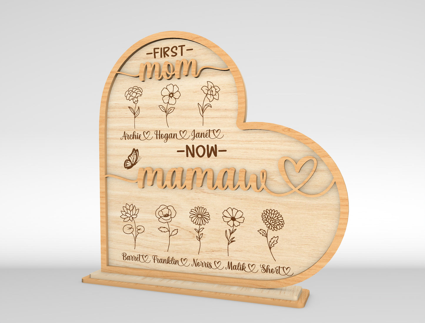 First Mom Now Mamaw Personalized Birth Flower Sign SVG for Glowforge and xTool