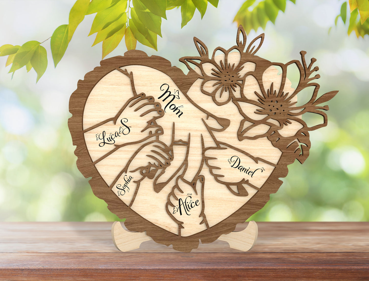 Personalized Mom Hands Heart SVG Wooden Name Sign for xTool