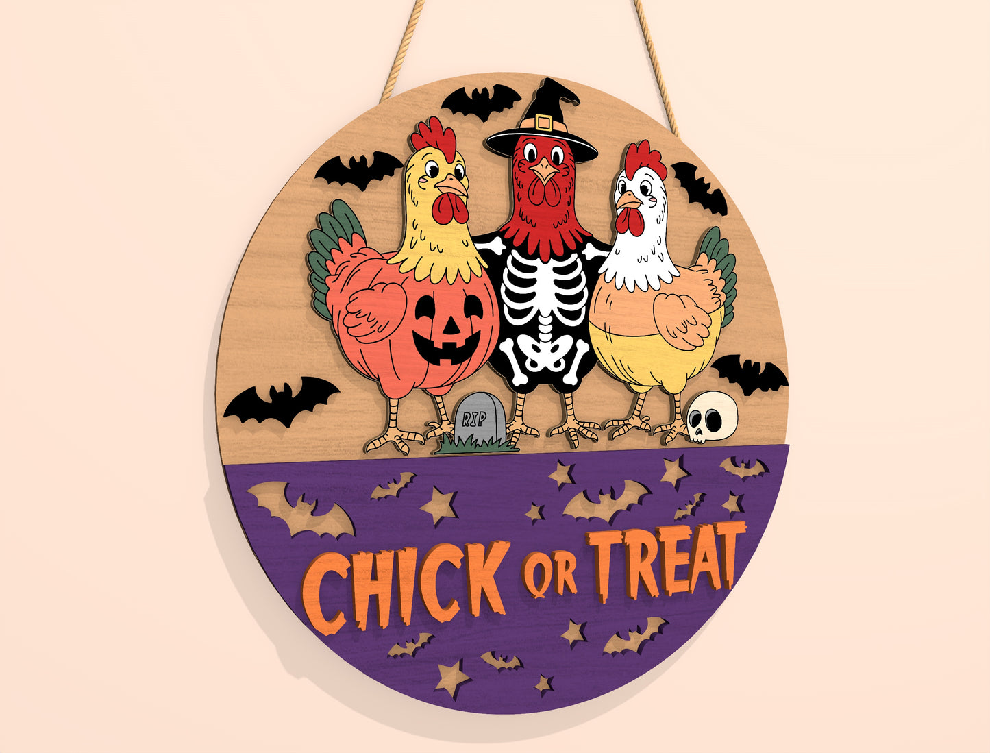 Chick or Treat Halloween Door Hanger SVG Laser Cut File | 2 Funny Chicken Designs | Round Wooden Decor | Glowforge, xTool, LightBurn, etc.