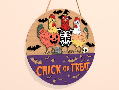 Chick or Treat Halloween Door Hanger SVG Laser Cut File | 2 Funny Chicken Designs | Round Wooden Decor | Glowforge, xTool, LightBurn, etc.