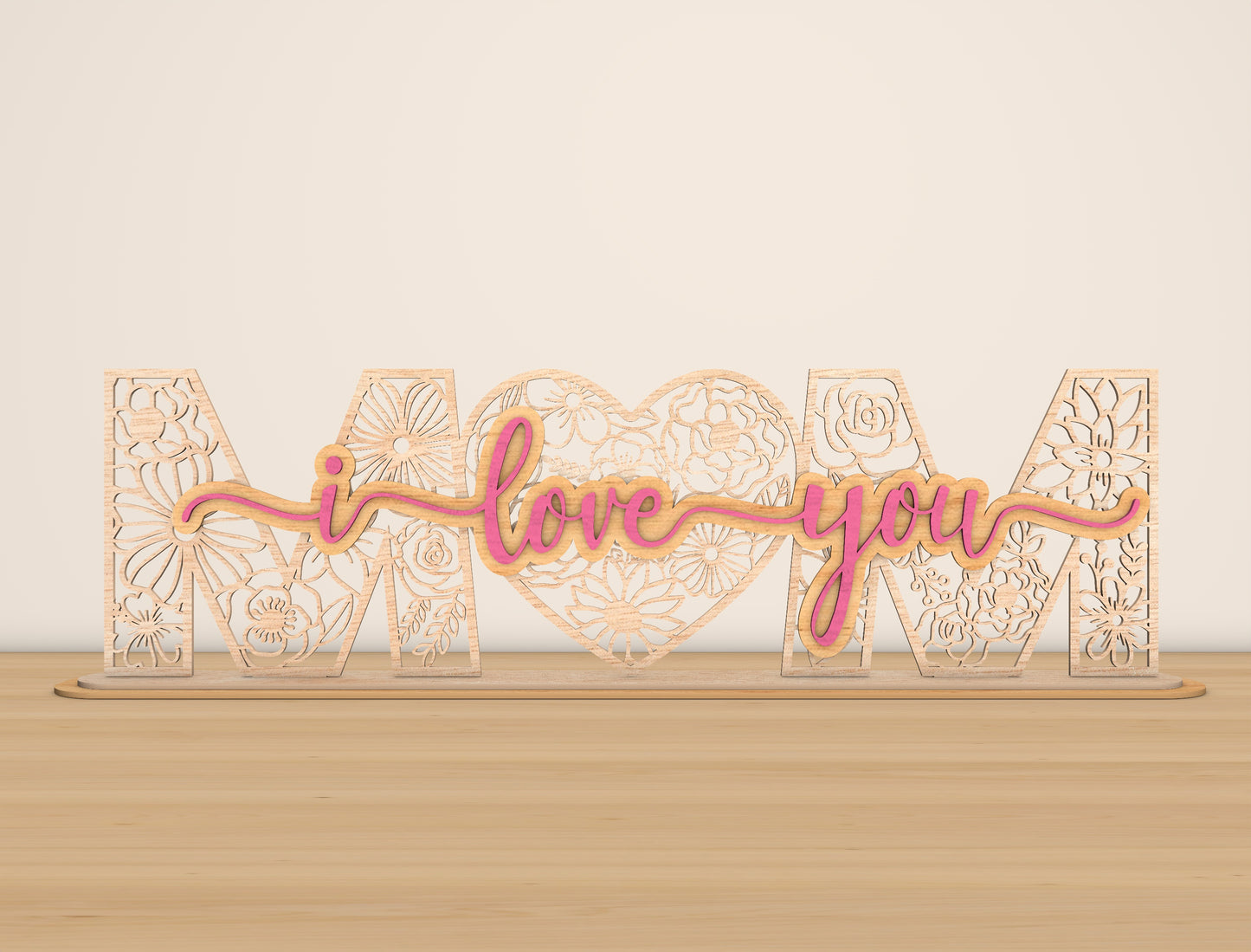 Mom I Love You Laser Cut File | Mother’s Day Wooden Sign | Floral Pattern Decor | Glowforge, xTool, LightBurn Compatible, etc.