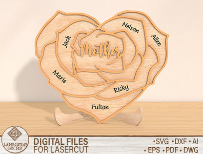 Rose Heart Family Name Sign SVG Bundle for Glowforge and xTool