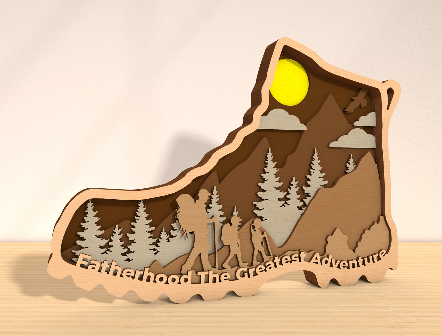 Fatherhood The Greatest Adventure Laser Cut File | Dad Hiking Scene Decor | Layered Mountain Wooden Art | Glowforge, xTool, LightBurn, etc.