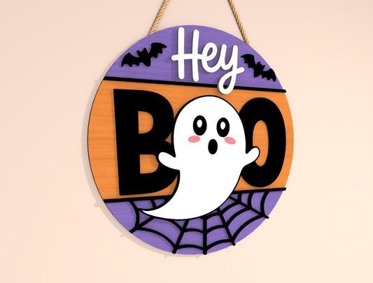 Hey Boo Ghost Round Door Hanger SVG Set for Glowforge xTool LightBurn 2 Designs