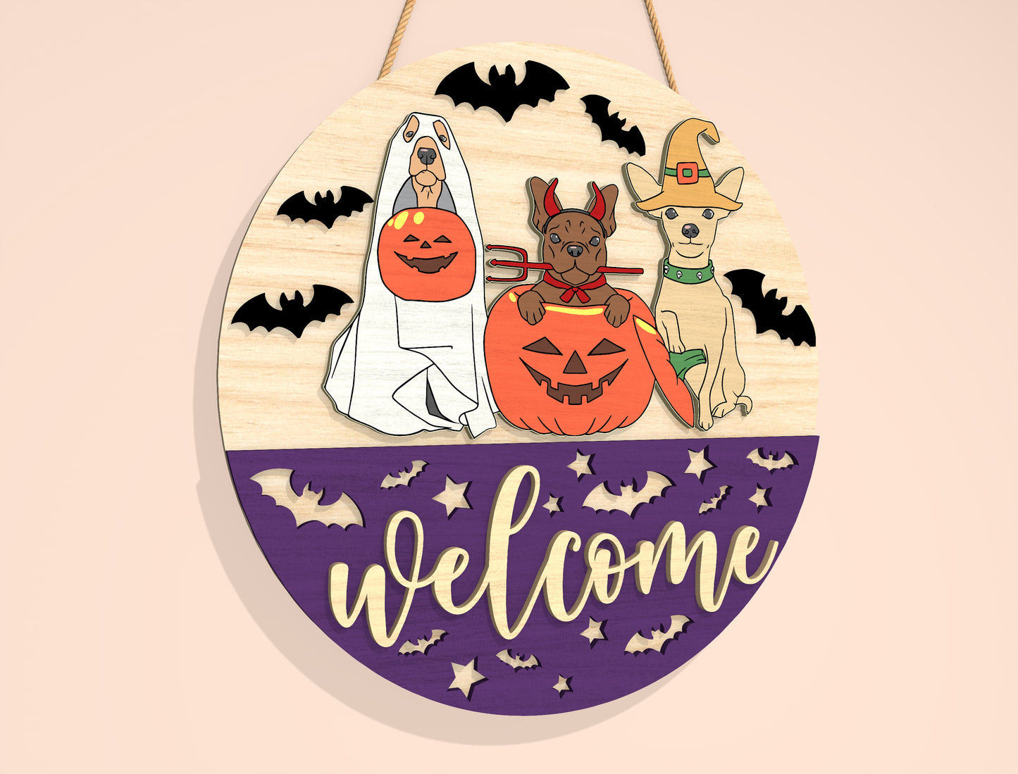 Halloween Pet Costume Door Hanger SVG Laser Cut File | 2 Welcome Designs | Cute Front Door Decor | Glowforge, xTool, LightBurn, etc.