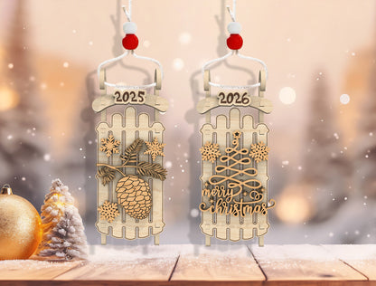 Christmas Sled Ornament Laser Cut File | Ready to Cut | Glowforge, xTool, LightBurn, etc.