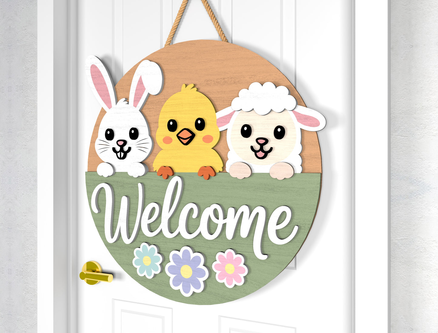 Easter Bunny Chick Door Sign SVG Hop On In Welcome Bundle for LightBurn