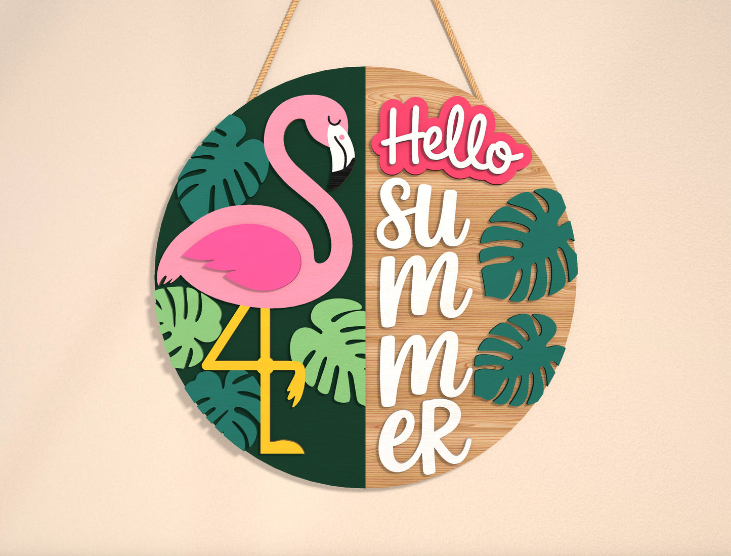 “Hello Summer” Flamingo Door Sign SVG for Glowforge and xTool