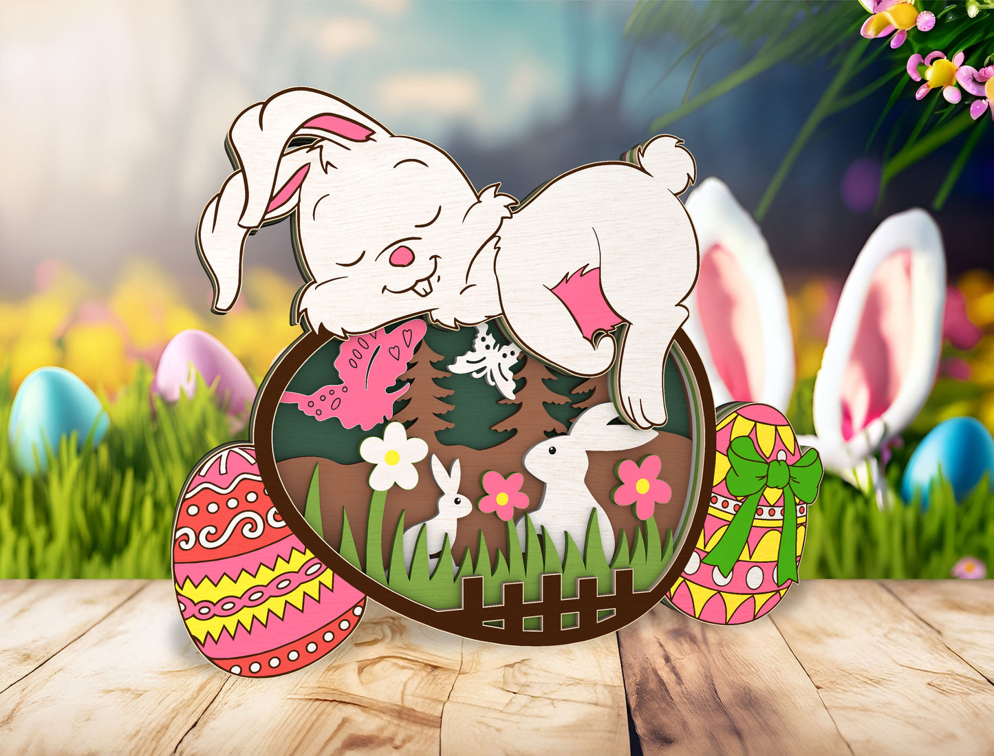 Multilayer Bunny Egg Scene SVG Bundle Rabbit Floral for LightBurn and xTool