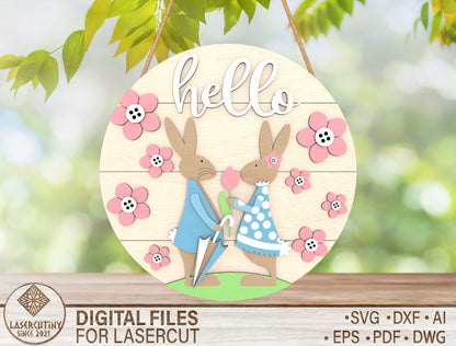 Hello Easter Bunny Door Hanger SVG Cute Bunny Couple Round for LightBurn