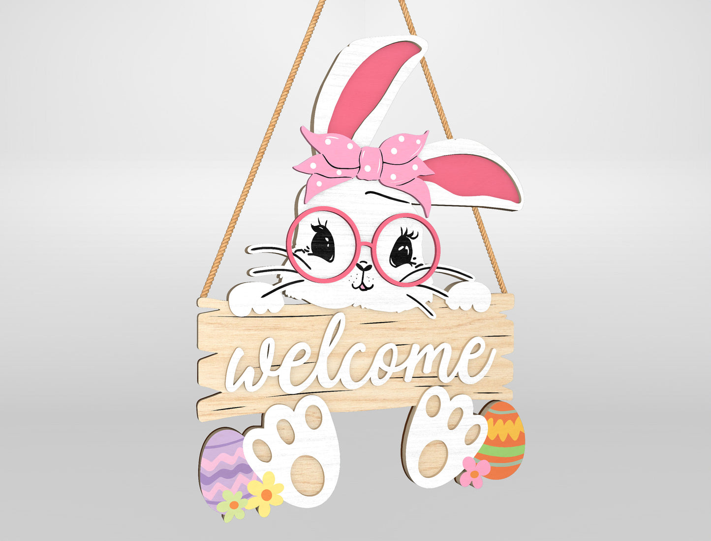 Easter Bunny Welcome Sign SVG Bundle Cute Door Hanger for Glowforge and xTool