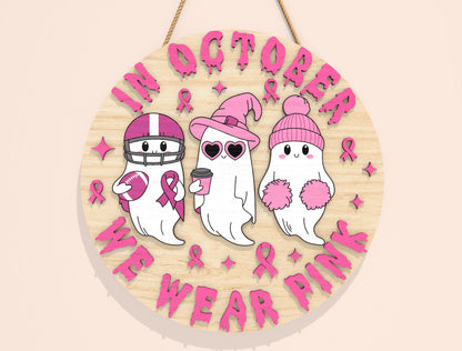In October We Wear Pink Door Hanger SVG Bundle Laser Cut File | 4 Breast Cancer Awareness Designs | Wooden Round Decor | Glowforge, xTool, LightBurn, etc.