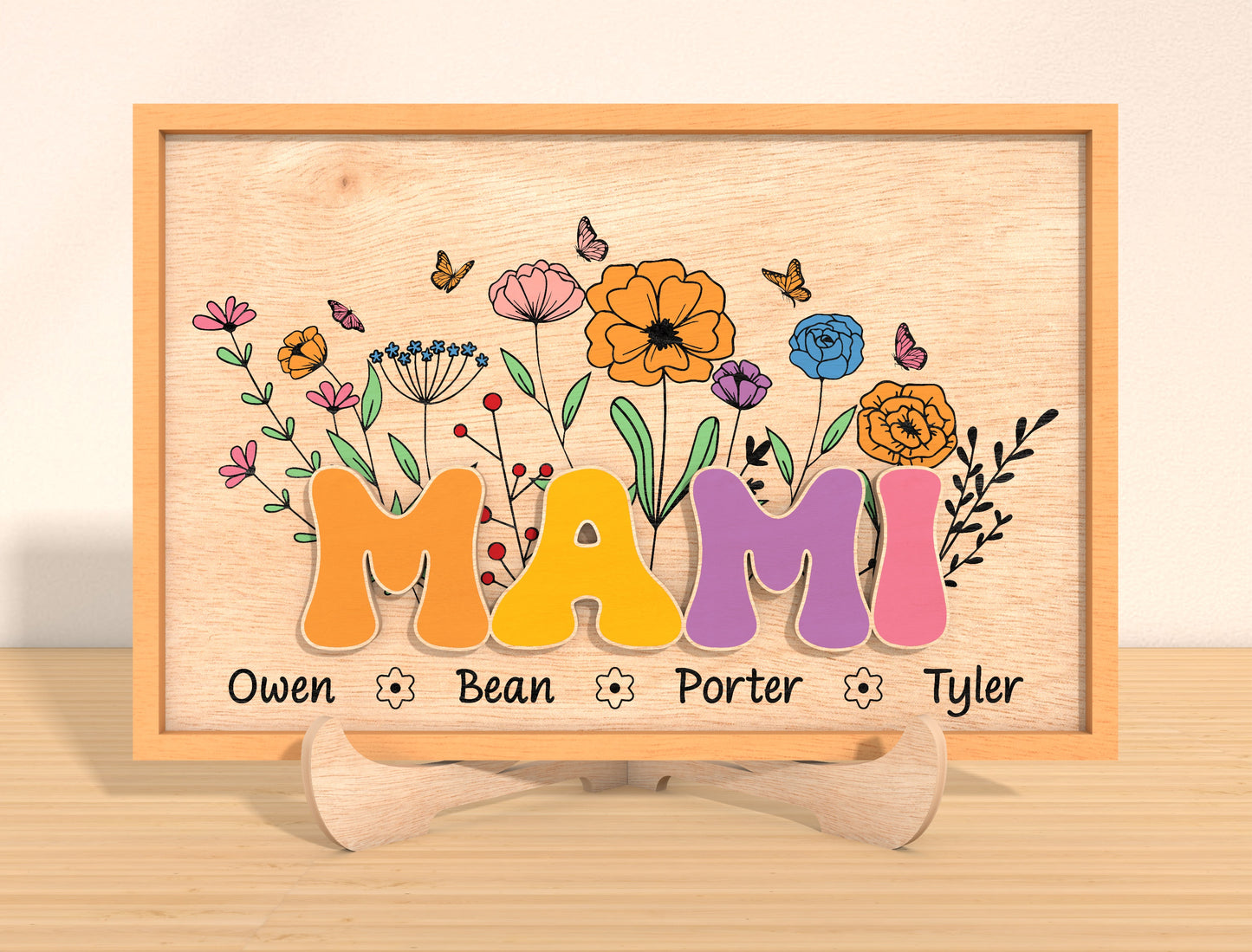Personalized Mother’s Day Floral Name Sign Laser Cut File | Custom Mom & Grandma Decor | Colorful Botanical Style | Glowforge, xTool, LightBurn, etc.