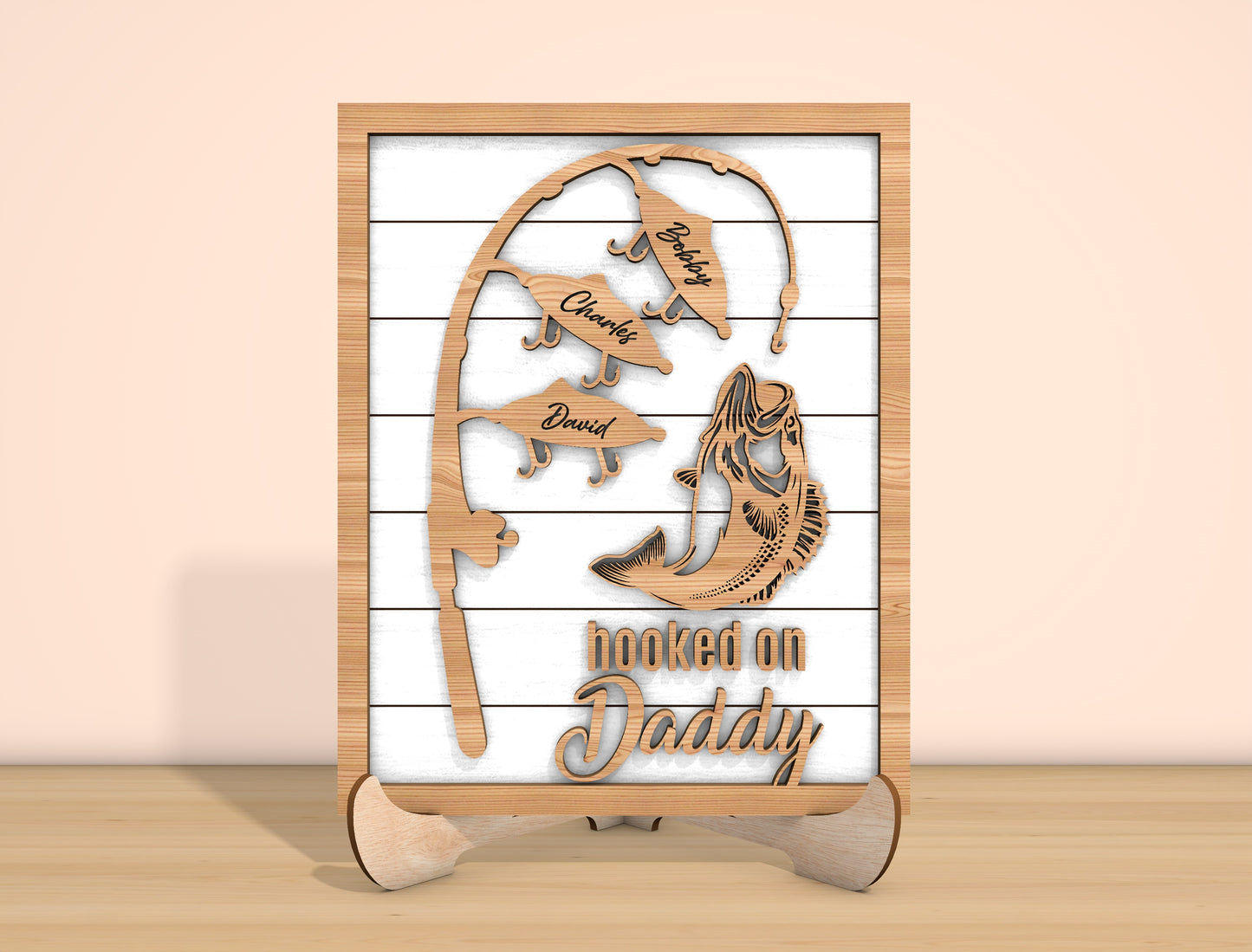 Hooked on Grandpa Fishing Laser Cut File | Personalized Fish Name Sign | Rustic Wooden Decor | Glowforge, xTool, LightBurn, etc.