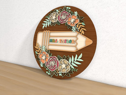 Personalized 3D Floral Classroom Door Sign SVG for Glowforge and xTool