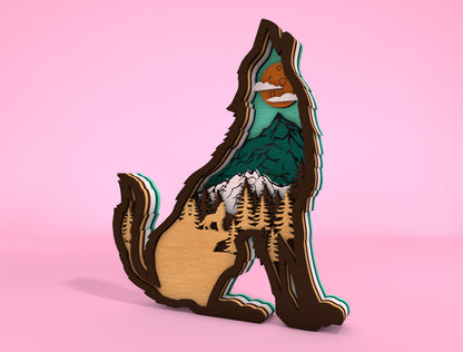 Multilayer Wolf Mountain Scene SVG Laser Cut File for LightBurn