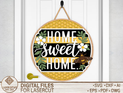Home Sweet Home Bee Door Hanger SVG Laser Cut File for Glowforge and xTool